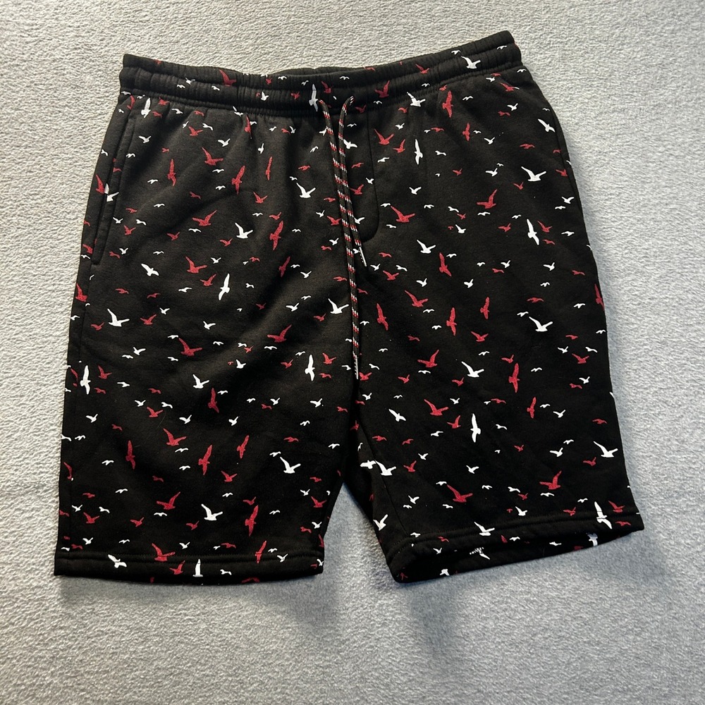 Lounge Shorts Mens Large Black Bird Print Drawstring Casual Public Record